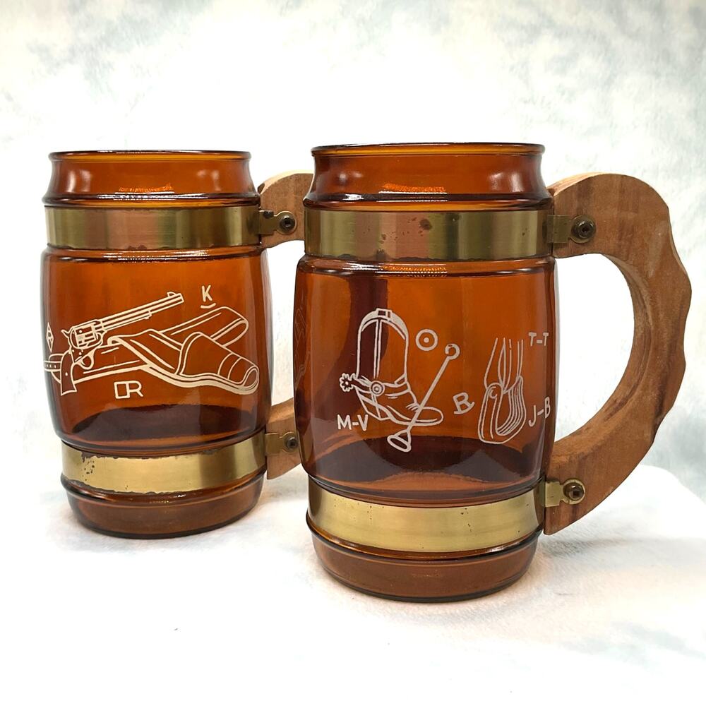 VTG Siesta Ware Amber Brown Cowboy Barrel Beer Mug Wood Handle Set of 2